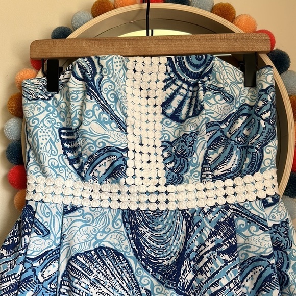 Y2K Lilly Pulitzer Regency True Blue Seashells Bubble Strapless Mini Dress - Picture 2 of 8